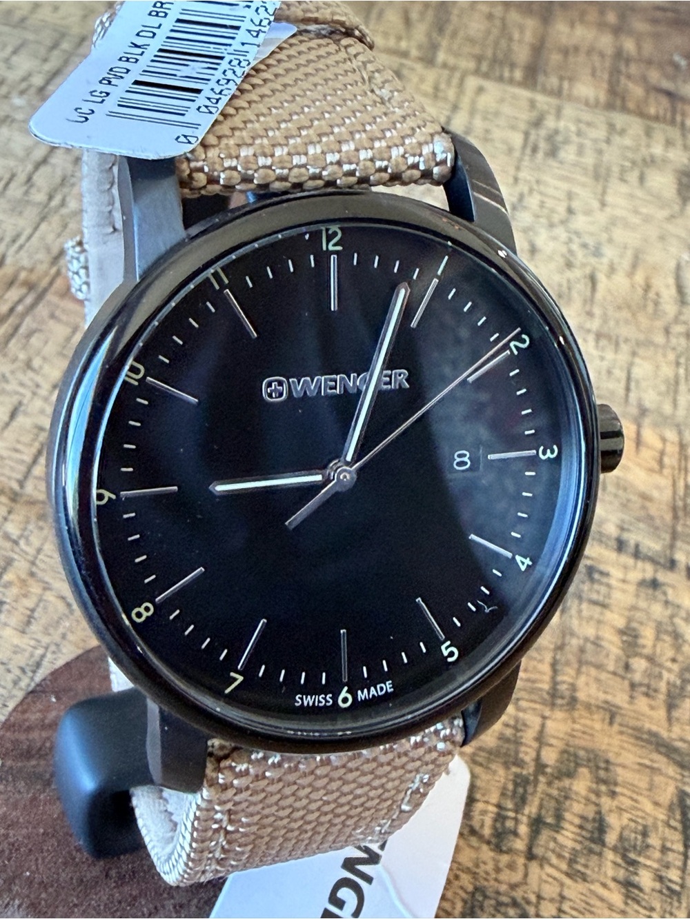 New in Box Wenger Black Dial Swiss Made Watch with Beige Strap - Picture 3 of 9